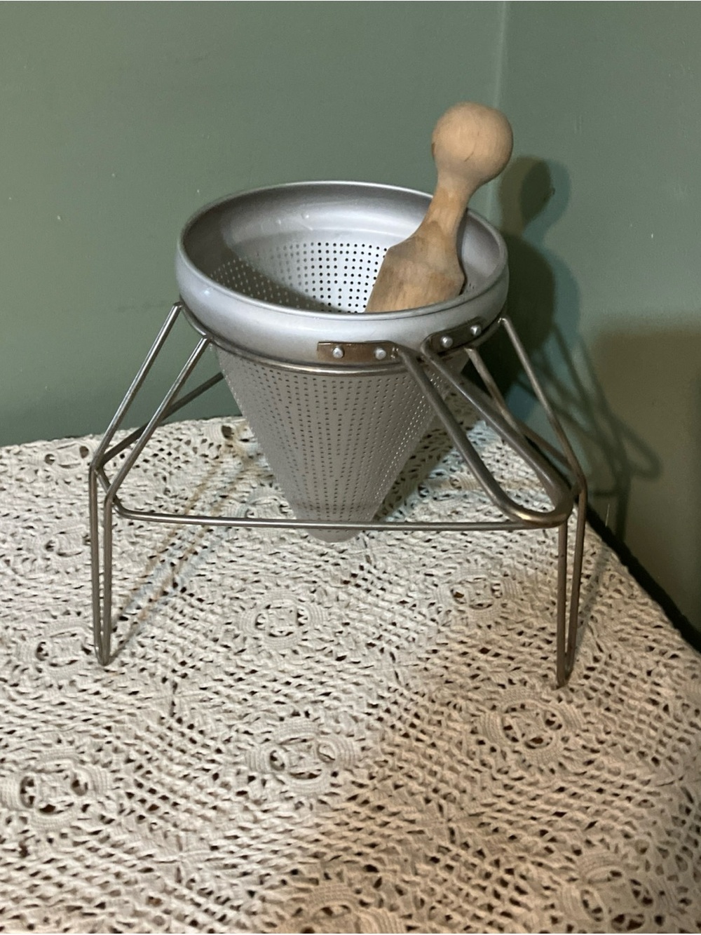 Vintage Large Metal Cone Strainer Colander w/Stand
